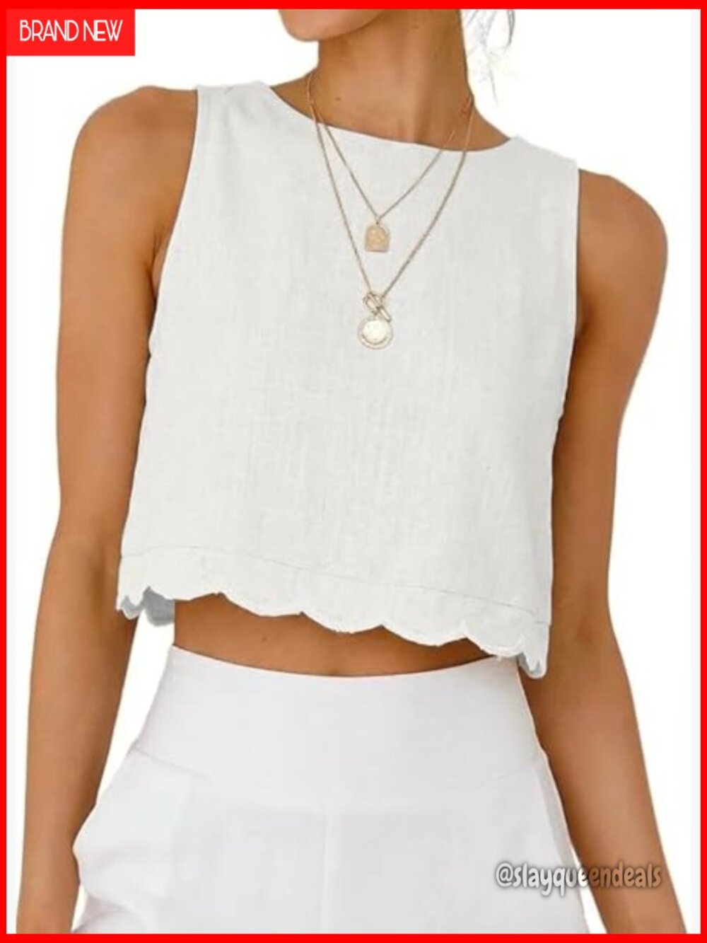 Cropped Linen Tank Top High Neck Scallop Hem Sleeveless Blouse